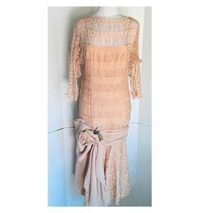Mignon Dorothy Farbo Peach Vintage 80s 30s Style Drop Waist Lace Dress Size 2